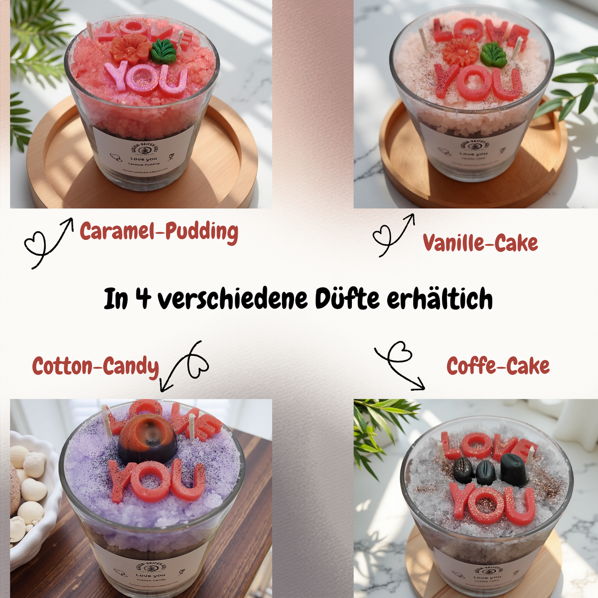Übersicht der Duftvarianten Vanillekuchen, Karamellpudding, Kaffeekuchen und Zuckerwatte