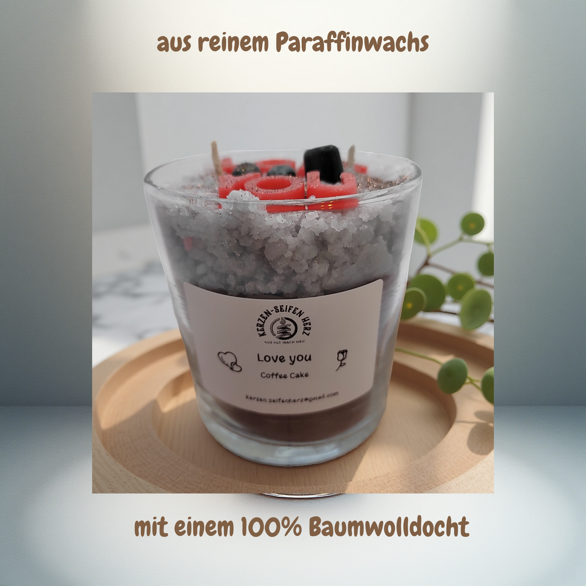 „Love you“-Duftkerze aus Paraffinwachs mit zwei Baumwolldochten und Kaffeekuchen-Duft