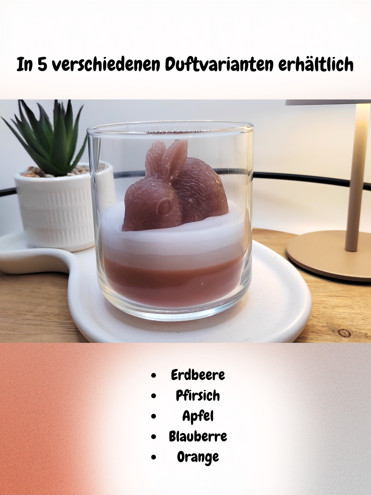 Frühlings-Hase-Duftkerze im Glas mit den Duftvarianten Erdbeere, Pfirsich, Apfel, Blaubeere und Orange