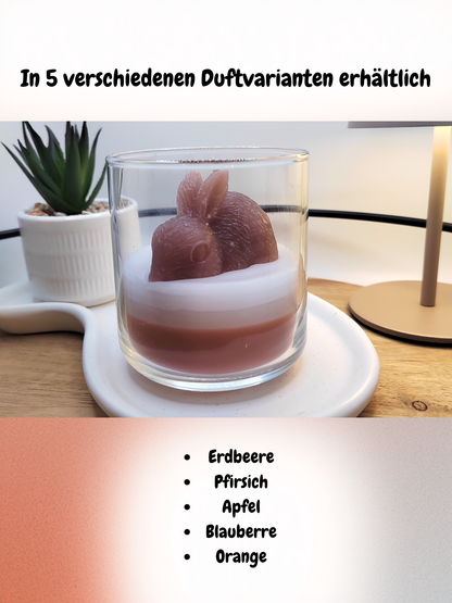 Frühlings-Hase-Duftkerze im Glas mit den Duftvarianten Erdbeere, Pfirsich, Apfel, Blaubeere und Orange