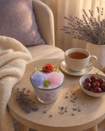 Lavendel-Kirsch Duftkerze auf Wohnzimmertisch mit Tee, Lavendel und Kirschen