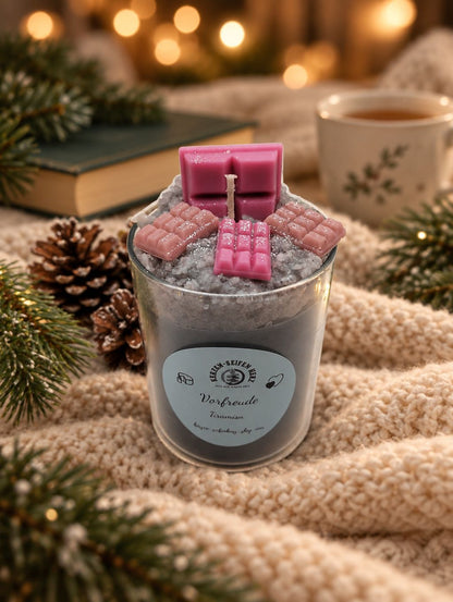 Weihnachtskerze im Glas „Vorfreude – Tiramisu“ auf kuscheliger Decke vor warmem Weihnachtslicht