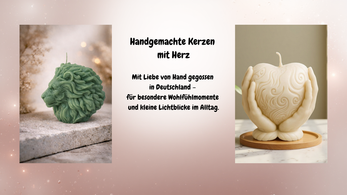 Handgemachte Kerzen aus Deutschland, dekorativ arrangiert für eine warme und gemütliche Wohnatmosphäre.
